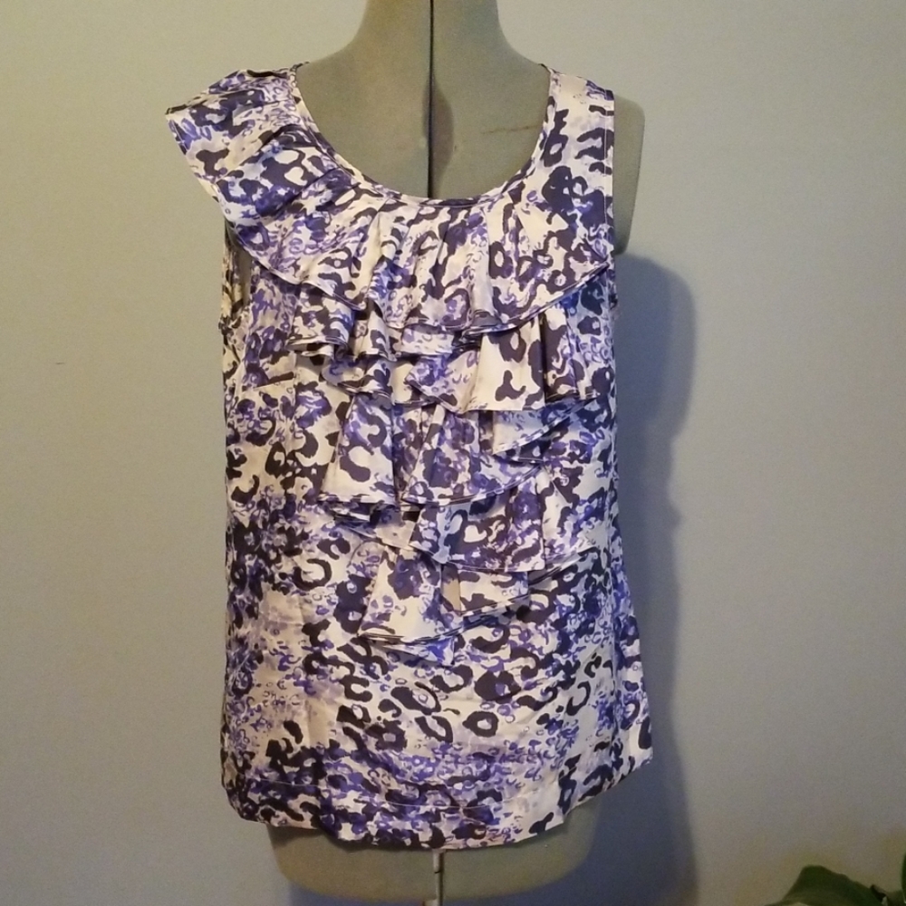 CAbi blouse, silk size small tan and blues.